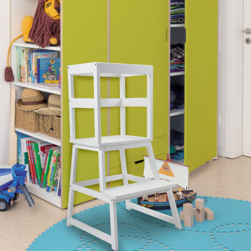 Tobbi Kids Step Stool With Safety Rail Children Kitchen Chair For Toddler 18 Months To 3 Years Old, Holds Up To 165lbs, White