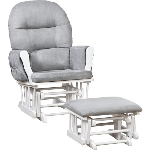 Naomi Home Brisbane Glider And Ottoman Set, Nursery Glider With Ottoman, Wood Nursery Chair For Baby Room, Upholstered Nursing Chairs For Mom And Baby With Padded Arms, Cushion Gray, Finish White