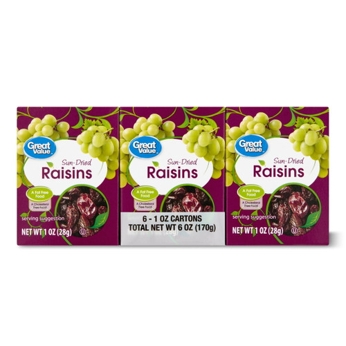 Great Value Sun-dried Raisins, 1 Oz, 6 Count
