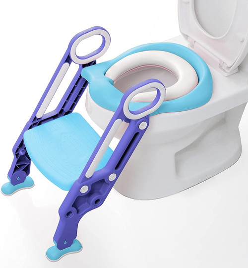 Potty Training Seat With Step Stool Ladder, Foldable Potty Training Toilet For Kids Boys Girls Toddlers Comfortable Cushion Safe Handle Anti-slip Pads