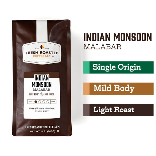 Fresh Roasted Coffee, Indian Monsoon Malabar Coffee, Light Roast, Whole Bean, 32 Oz