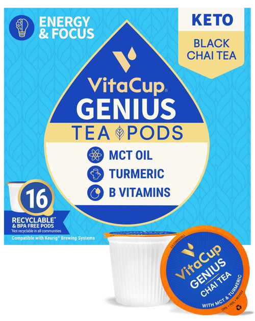 Vitacup Genius Chai Keto Tea Pods With Mct Oil, Turmeric, B Vitamins, & D3 For Energy And Focus In Recyclable Single Serve Pod Compatible With K-cup Brewers Including Keurig 2.0, 16 Ct