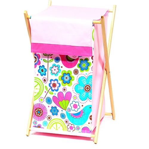 Bacati - Botanicals Hamper With Cotton Percale Cover, Mesh Liner And Natural Color Wooden Frame, Pink