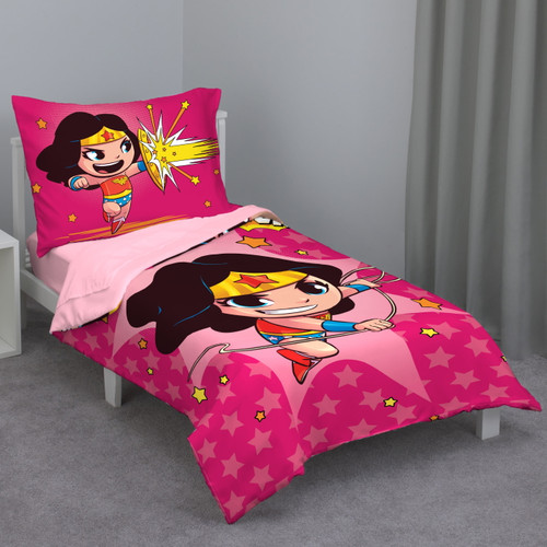 Wonder Woman Pink 4-piece Toddler Bedding Set - Comforter, Fitted Sheet, Flat Sheet, Pillowcase, Toddler Girl