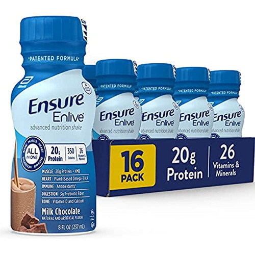 Ensure Enlive Meal Replacement Shake, 20g Protein, 350 Calories, Advanced Nutrition Protein Shake, Milk Chocolate, 8 Fl Oz, 16 Bottles