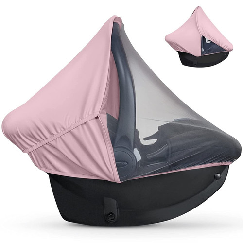 2-in-1 Car Seat Cover - Baby Carseat Canopy With Privacy Sun Shade & Bug Net For Newborn & Infant (pink)