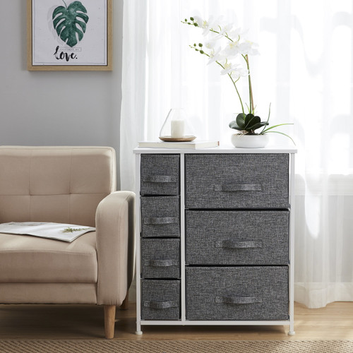 7 Drawer Storage Dresser Tower - White Wood Top - Sturdy Metal Frame - Linen Fabric Storage Bins With Pull Tabs - Organizer Unit For Hallway, Entryway, Closets And Bedroom - Gray
