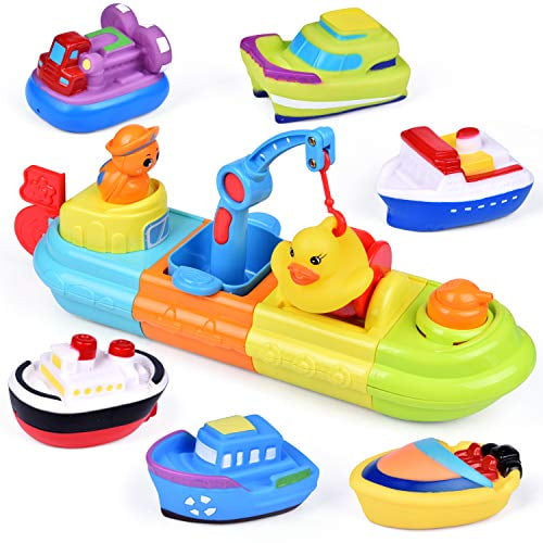 Funlittletoy Baby Bath Toys, 7 Pcs Toy Boats Include One Big Wind Up Bath Boat And 6 Bath Squirters Toy Boats, Birthday Gifts For Boys & Girls