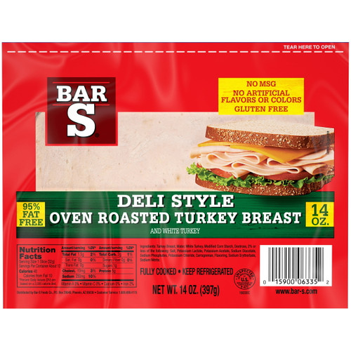 Bar-s Deli Style Oven Roasted Turkey Breast Lunch Meat, 12 Slices Per Package, 14 Ounce Pack