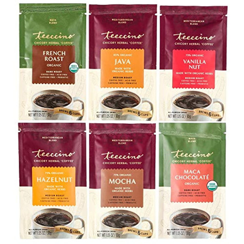 Teeccino Herbal Coffee Sampler – 6 X 30g Trial Size Chicory Coffee Alternatives – French Roast, Vanilla Nut, Hazelnut, Mocha, Maca Chocolate, Java – Prebiotic, Caffeine Free & Acid Free