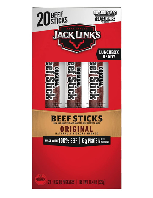 Jack Link's Beef Sticks, Original – Great Protein Snack, Meat Stick With 6g Of Protein, Made With 100% Beef, No Added Msg** – 0.92 Oz. (20 Count)