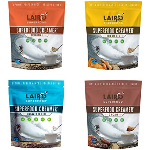 Laird Superfood Coffee Creamer Sampler Pack | Non-dairy | Organic | Gluten Free | Vegan | Paleo Diet Approved | Unsweetened, Original, Cacao And Turmeric- 8 Ounce (pack Of 4)