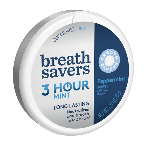 Breath Savers, 3-hour Mint Peppermint Sugar Free Breath Mints, Candy Made With Neutrazin, 1.27 Oz, Tin