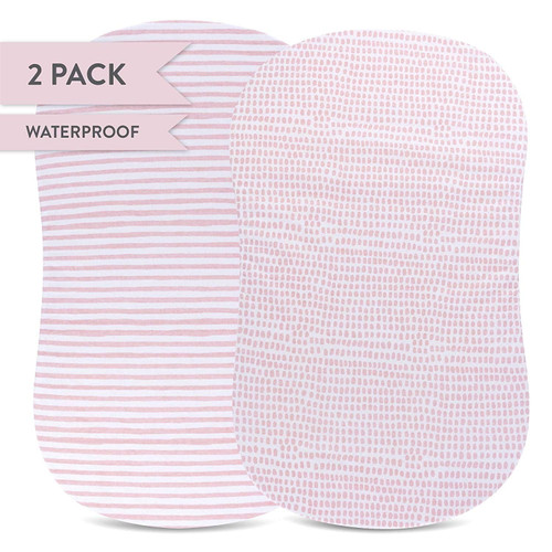 Waterproof Bassinet Sheet,no Need For Bassinet Mattress Pad Cover, 2 Pack Mauve Pink Splash & Stripes,for Baby Girl
