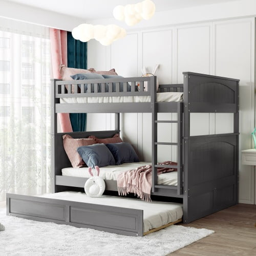 Full Over Full Bunk Bed Frame, Wood Bunk Beds For Kids With Twin Size Trundle, Built-in Ladder And Guardrails For Kids, Teens, Convertible Into 2 Beds, Space Saving 3-in-1 Beds, Gray