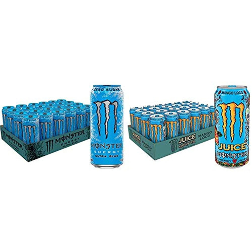 Monster Energy Ultra Blue, Sugar Free Energy Drink, 16 Ounce (pack Of 24) & Juice Monster Mango Loco, Energy + Juice, Energy Drink, 16 Ounce (pack Of 24)