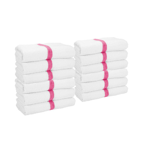 Arkwright Gym Bath Towels (pack Of 12), 22x44, White With Pink Stripe