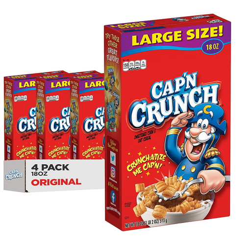 Cap'n Crunch Cereal, Original, 18 Oz Boxes, 4 Pack