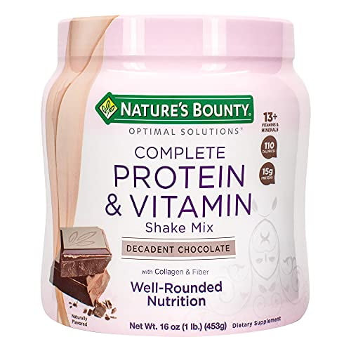 Nature's Bounty Complete Protein & Vitamin Shake Mix With Collagen & Fiber, Contains Vitamin C For Immune Health, Decadent Chocolate Flavored, 1 Lb