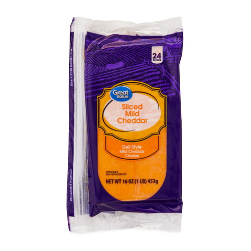 Great Value Deli Style Sliced Mild Cheddar Cheese, 16 Oz, 24 Count