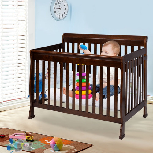 Costway Coffee Pine Wood Baby Toddler Bed Convertible Crib Nursery Furniture Children