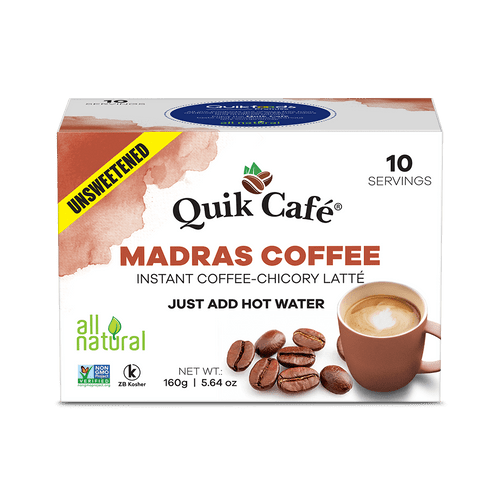 Quik Cafe Unsweetened Madras Coffee Latte - 10 Count Single Box - All Natural Preservative Free Single Serve Pouches Of Authentic Instant Coffee - Just Add Hot Water