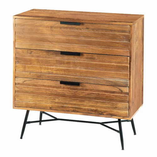 3 Drawer Wooden Chest With Slanted Metal Base, Brown And Black