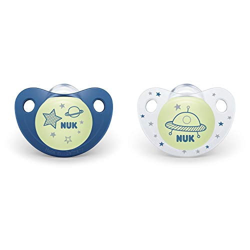 Nuk Cute-as-a-button Glow-in-the-dark Orthodontic Pacifiers, 6-18 Months, 2 Pack, Baby Boys