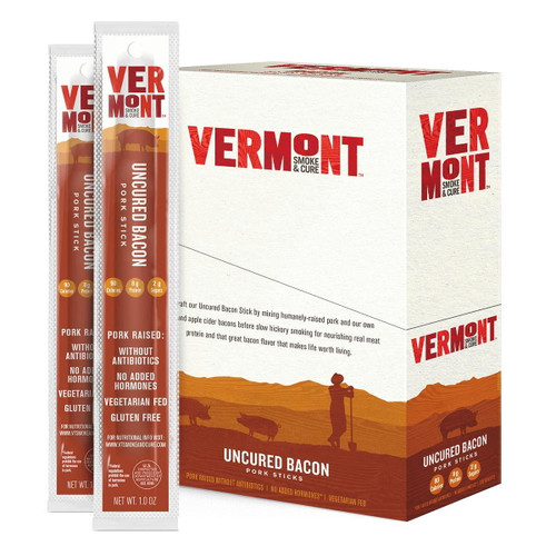 Vermont Smoke & Cure Meat Sticks, Pork, Antibiotic Free, Gluten Free, Uncured Bacon, 1oz Stick, 24 Count