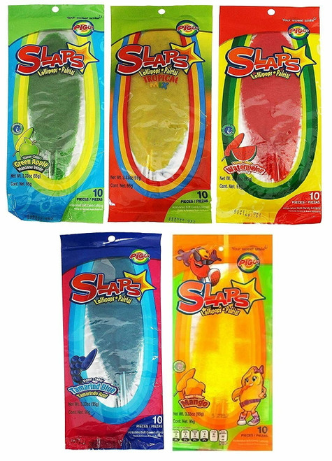 Mexican Slaps Lollipop 50 Pieces Mega Bundle 5 Flavor Tropical, Watermelon, Mango, Green Apple And Blue Tamarind