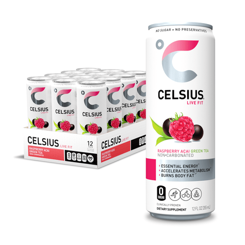 Celsius Essential Energy Drink 12 Fl Oz, Raspberry Acai Green Tea (pack Of 12)