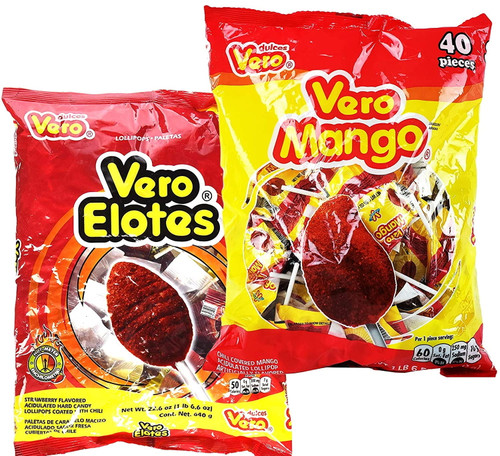 Vero Elotes Paletas Sabor Fresa And Vero Mango Con Chile Lollipop Assortment - Mexican Hard Candy Chili Pops 40 Pcs Each - Variety Pack Of 2 (mango & Elotes)