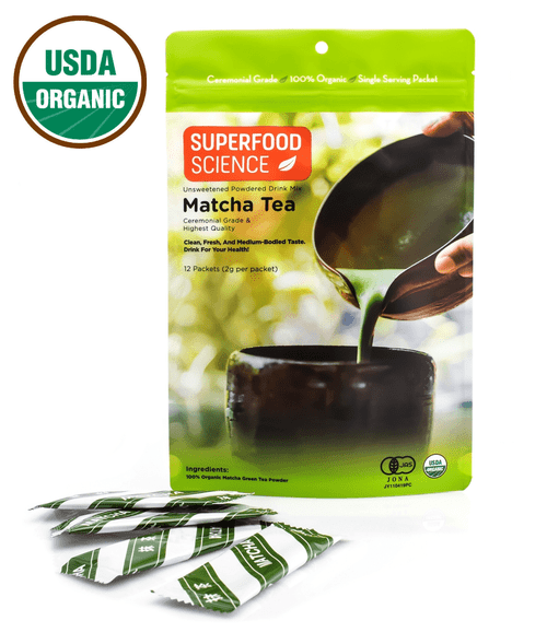 Superfood Science Japanese Ceremonial Grade Organic Matcha Green Tea Powder 2g Per Pkts Matcha Tea Sticks, Non Bitter Matcha Flavor 3ct. Or 12ct.