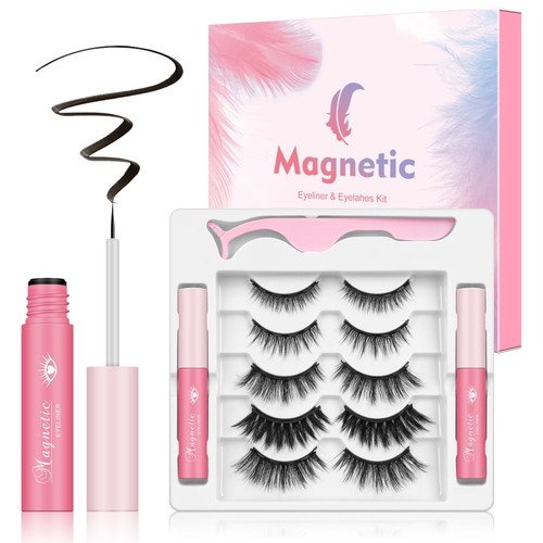 Mgtel Magnetic Eyelashes, 5 Pairs Eyelashes With Eyeliner Kit, 2 Tube Eyeliners With Magnetic Eyelashes, Natural Look False Eyelashes, Strong Hold And Easy To Apply