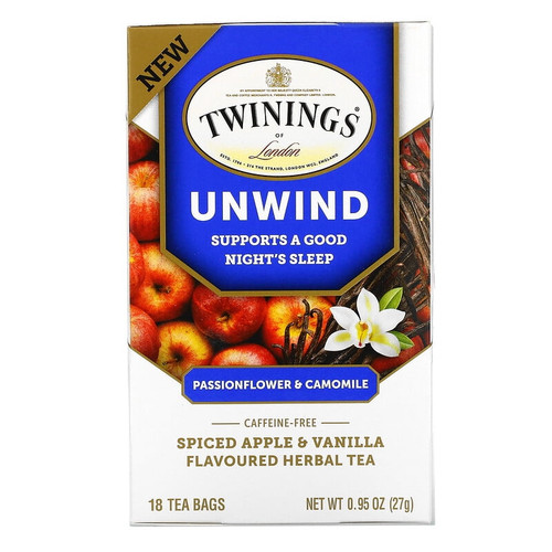 Twinings, Unwind Herbal Tea, Passionflower & Chamomile, Spiced Apple & Vanilla, Caffeine Free, 18 Tea Bags, 0.95 Oz