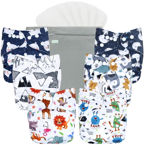 Wegreeco Washable Reusable Baby Cloth Pocket Diapers 6 Pack + 6 Bamboo Inserts (with 1 Wet Bag, Cool Animals)