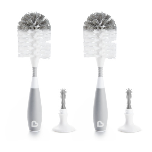 Munchkin Bristle Baby Bottle Brush, With Suction Base, Grey, 2 Pack