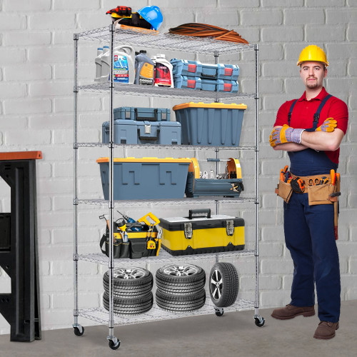 Niamvelo 6 Tier Storage Shelves With Wheels, Adjustable Metal Shelf Wire Shelving Unit Heavy Duty Garage Shelving 2100lbs Capacity, Chrome