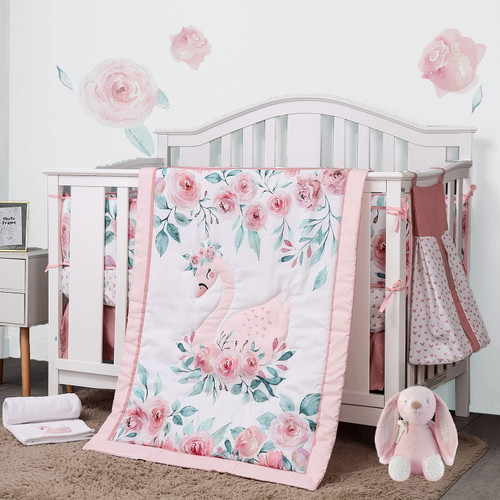 Pink Swan Crib Bedding Set For Baby Girls,  5 Pc Crib Set Includes Diaper Stacker/blanket
