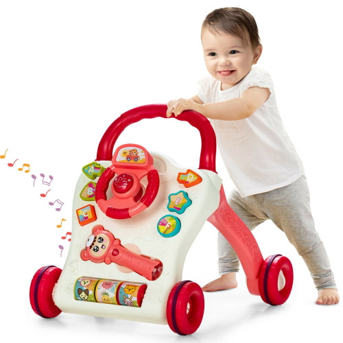 Gymax Baby Walker Sit-to-stand Learning Walker W/ Projection Music Wand Red