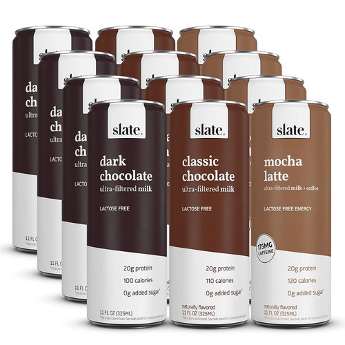 Slate Milk - High Protein Shake, Variety Pack, Classic Chocolate, Dark Chocolate, Mocha Latte, 20g Protein, 0g Added Sugar, Lactose Free, Keto, All Natural (11 Oz, 12-pack)