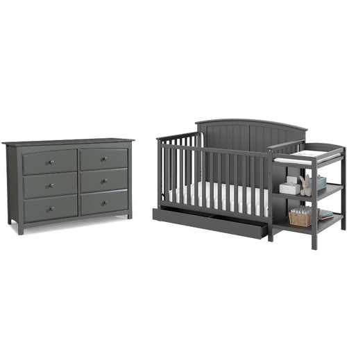 Baby Crib With Changing Table And 6 Drawer Double Dresser Set In Slate Gray