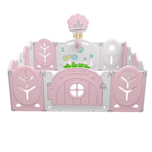 Foldable Baby Playpen Center Play Yard W/ Game Wall And Lock Door And Basketball Hoop (pink)