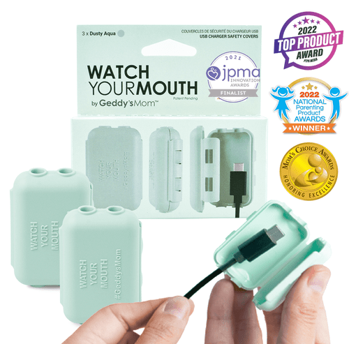 Geddy's Mom Watch Your Mouth, Baby Proofing Usb Charger Safety Cover, Award Winning, Dusty Aqua 3 Pack