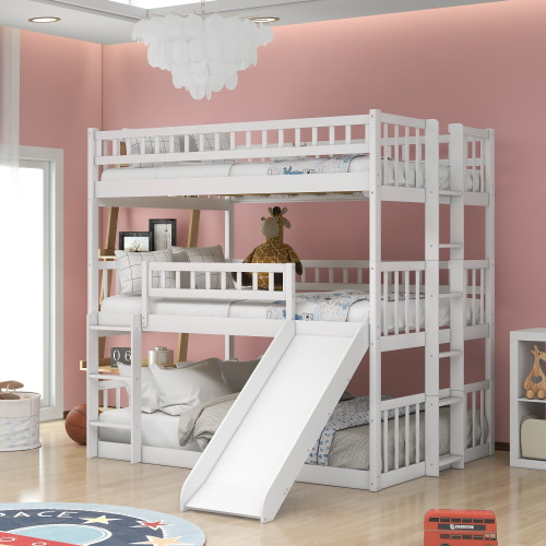 Triple Bunk Bed With Slide, Full-over-full-over-full Triple Bed Frame With Built-in Ladder And Guardrails Slide For Kids,white