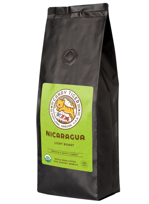 Candy Tiger Usda Organic Light Roast Whole Bean Nicaragua Coffee. Naturally Caffeinated, Chocolate Tasting Notes 2 Lb.