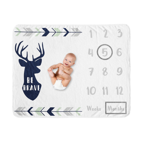 Sweet Jojo Designs Woodland Deer Boy Milestone Blanket Monthly Newborn First Year Growth Mat Baby Shower Memory Keepsake Gift Picture - Navy Blue, Mint And Grey Woodsy Forest Arrow Be Brave