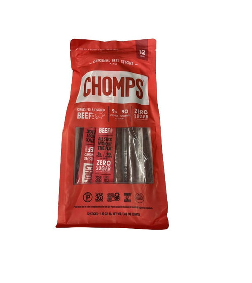 Chomps Grass Fed Original Beef Jerky Snack Sticks, Keto, Paleo, Whole30 Approved, Non-gmo, Gluten Free, Sugar Free, High Protein, 90 Calorie Snacks, 1.15 Oz Meat Stick,