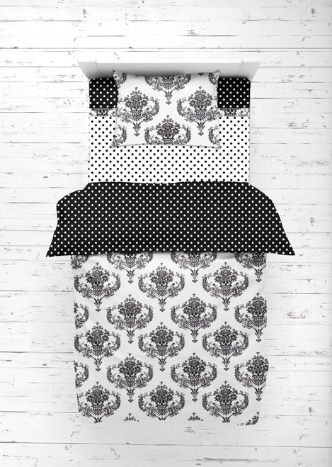 Bacati - Classic Damask 4-piece Toddler Bedding Set 100% Cotton Percale, White/black
