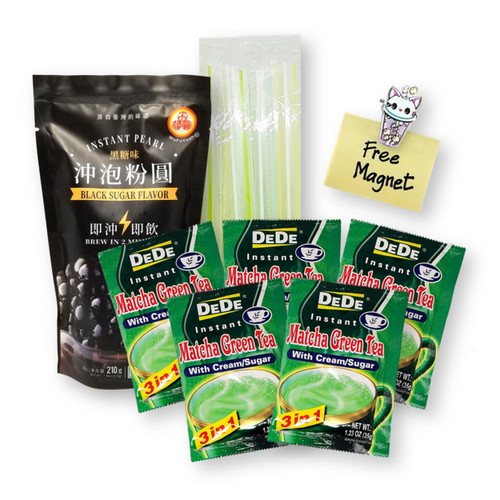 Secret Pantry Boba Matcha Green Tea Diy Milk Tea Kit 12-pc. (5 Dede Boba Matcha Green Tea, 1 Wfy Instant Black Tapioca Pearls,  5 Boba Straws,  1 Bubble Tea Magnet)